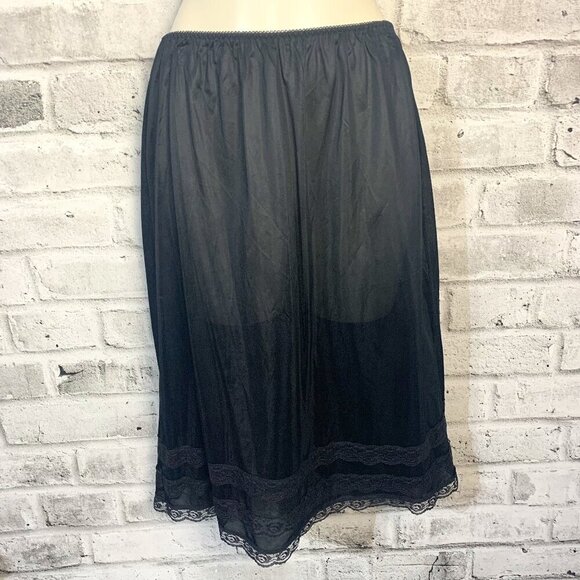 Vintage 90s Pink Lady Black Satin Lace Trim Slip Skirt New - Picture 1 of 11